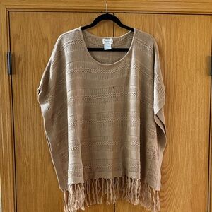 Grace & Lace Fringed Knit Poncho Sweater - Tan